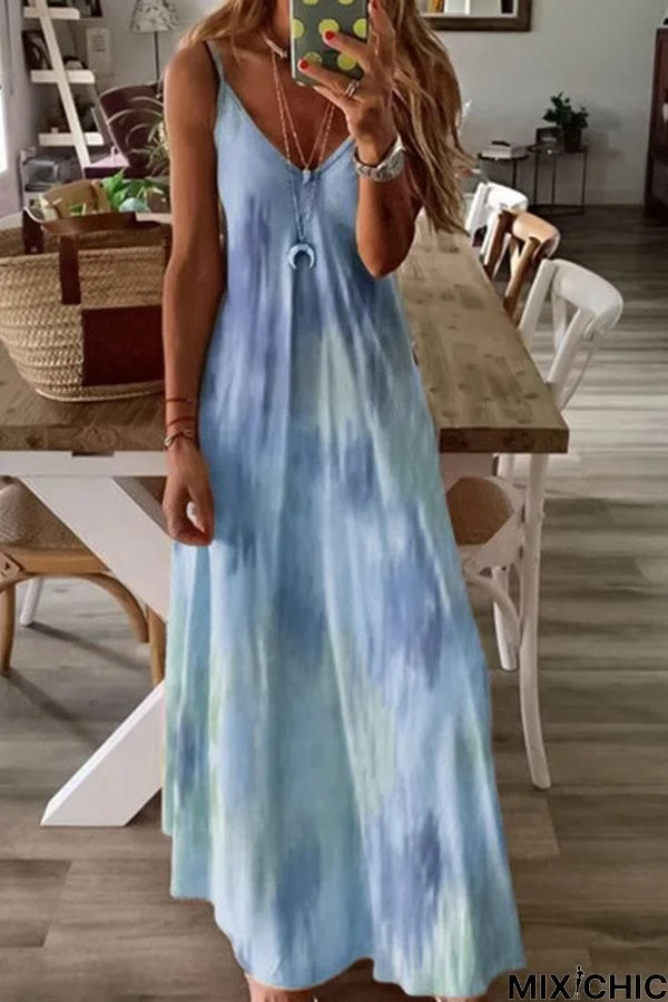 Holiday Gradient Print Spaghetti V-Neck Maxi Dress