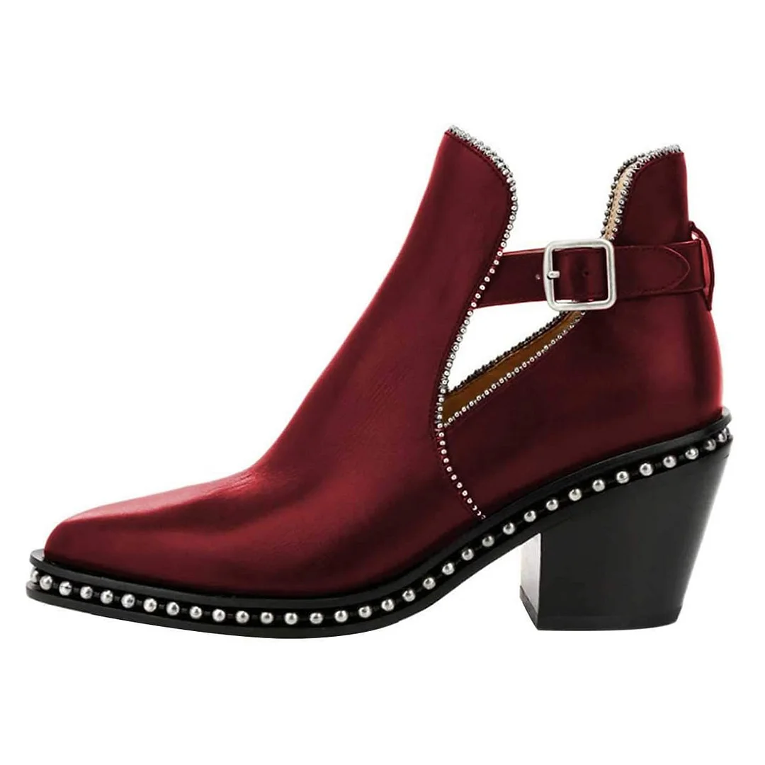 Pointed Toe Studded Buckle Strap Wine Chunky Heeled Ankle Boots