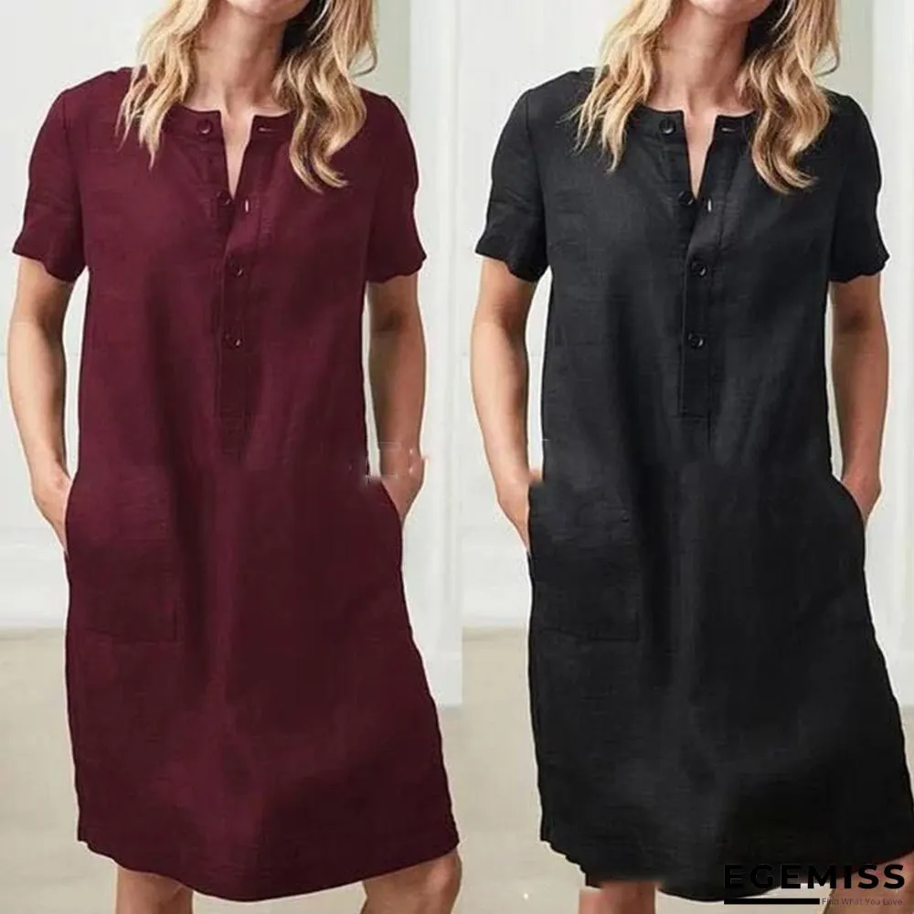 Cotton and Linen Loose Short Sleeve Midlength Dress | EGEMISS