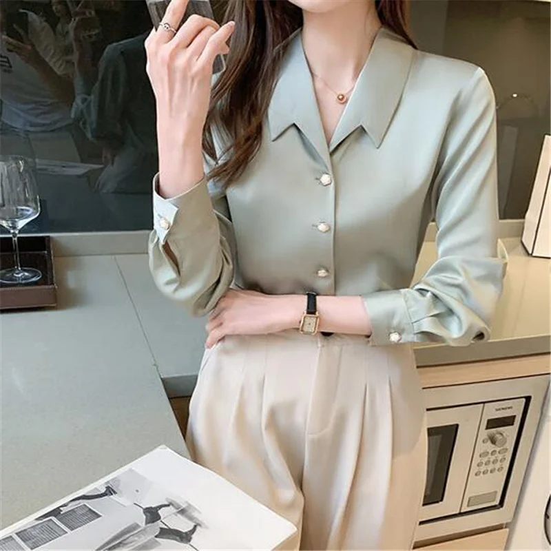 Fashion Blouses Women Satin Long Sleeve Shirt Woman Top Silk White Shirt Top Woman Beading Shirt Basic Blouse Female Shirt TT