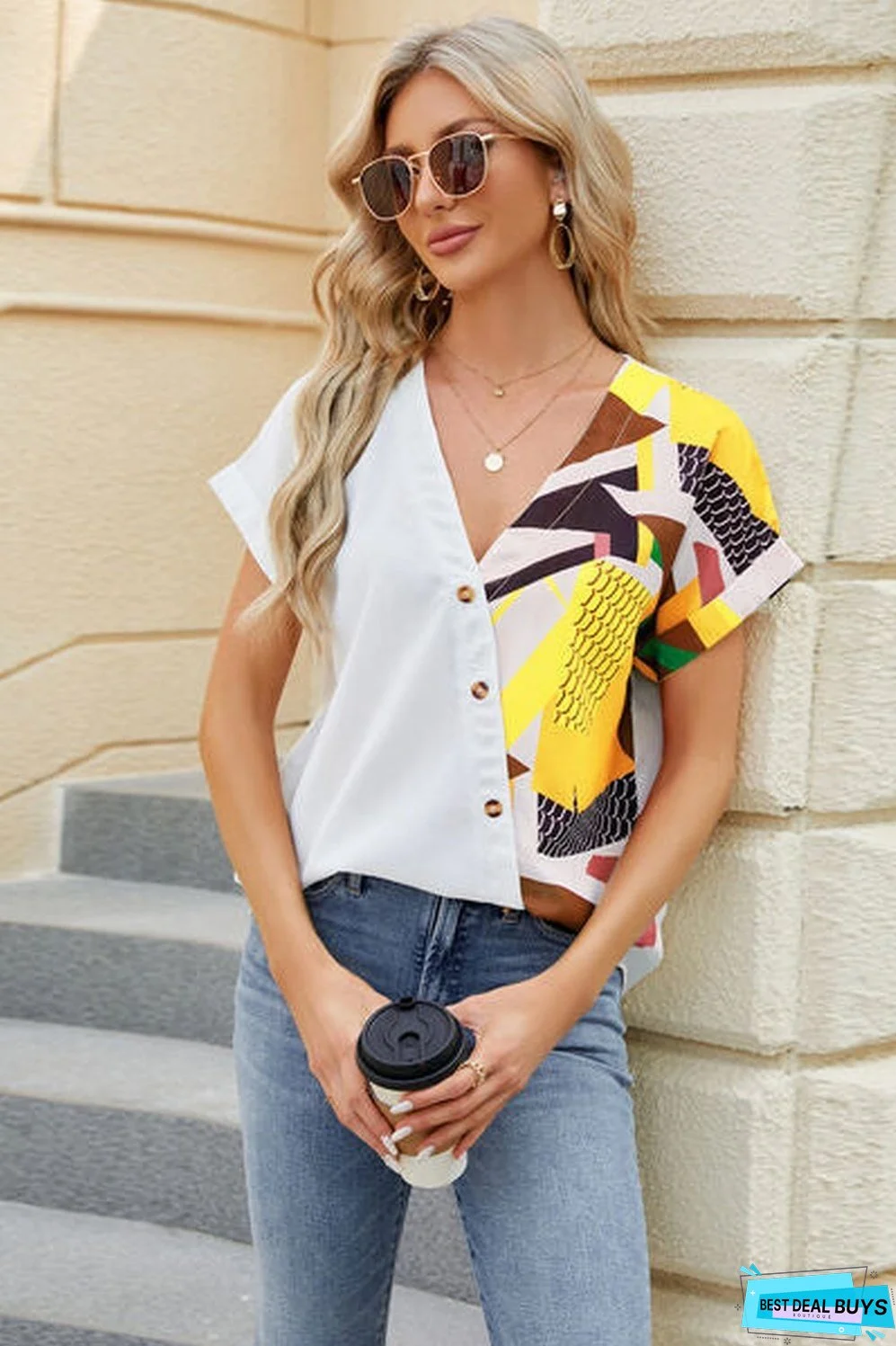 Printed Surplice Short Sleeve Blouse