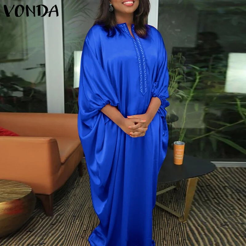 Party Pleated Bat-Sleeve Baggy Vestidos VONDA Women Round Neck Printed Long Maxi Dresses 2022 Elegant Beach Sundress Female Robe
