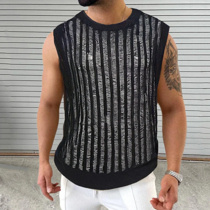 Men's Black Thin Knit Sweater Round Neck Sleeveless Hollow Out Knit Vest Sexy Men's Pullover