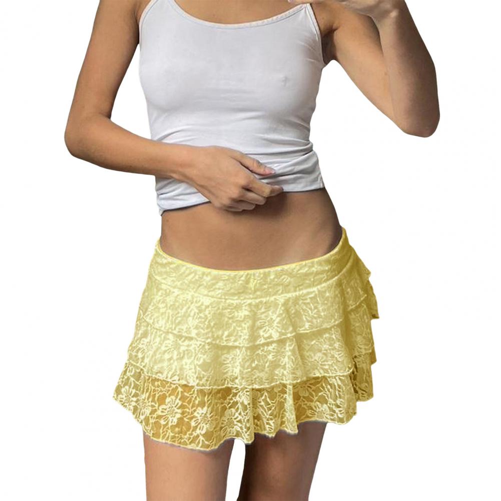 Tazines Women Mini Skirt Solid Solid Multi Layered A-Line Short Skirt Elastic Low Waist Embroidery Lace Flower Skirt Female Clothing