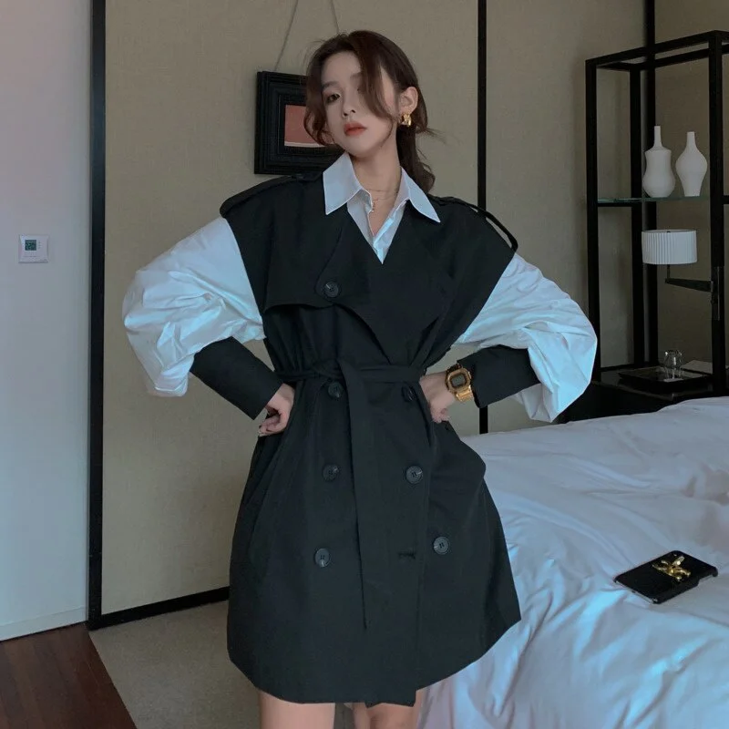 Huiketi Long-sleeve Shirt Casual Double-breasted Trench Coat 2023 Summer Loose Ladies Clothing Windbreaker Ladies Two-piece Suit