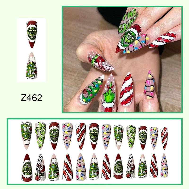Churchf Churchf Pointed Christmas Green Strange Beauty Nail Slice Striped Christmas Tree New Nail Chip Lights Fake Nails New Year Gift