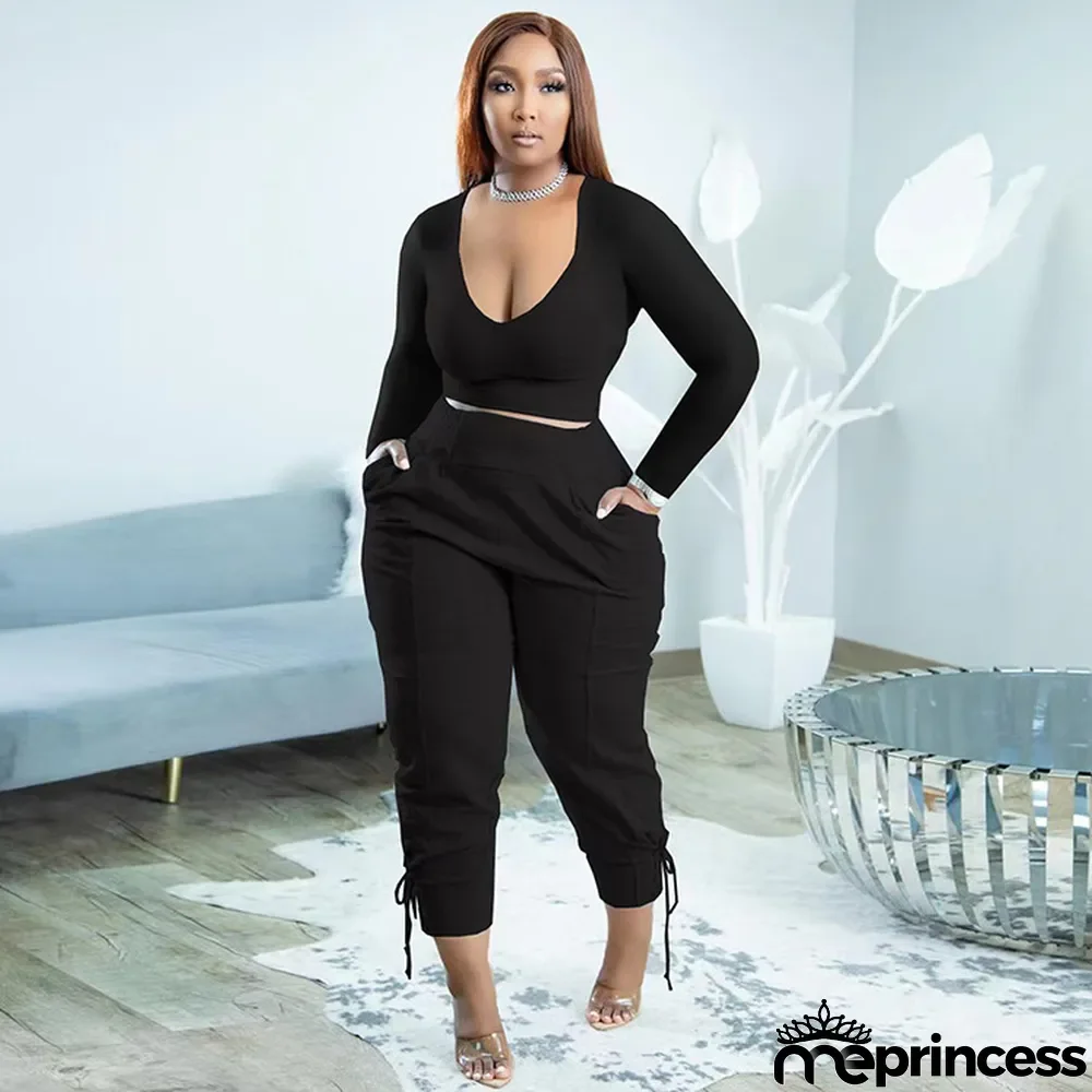 Plus Size Long Sleeve V Neck Two Piece Pants Sets