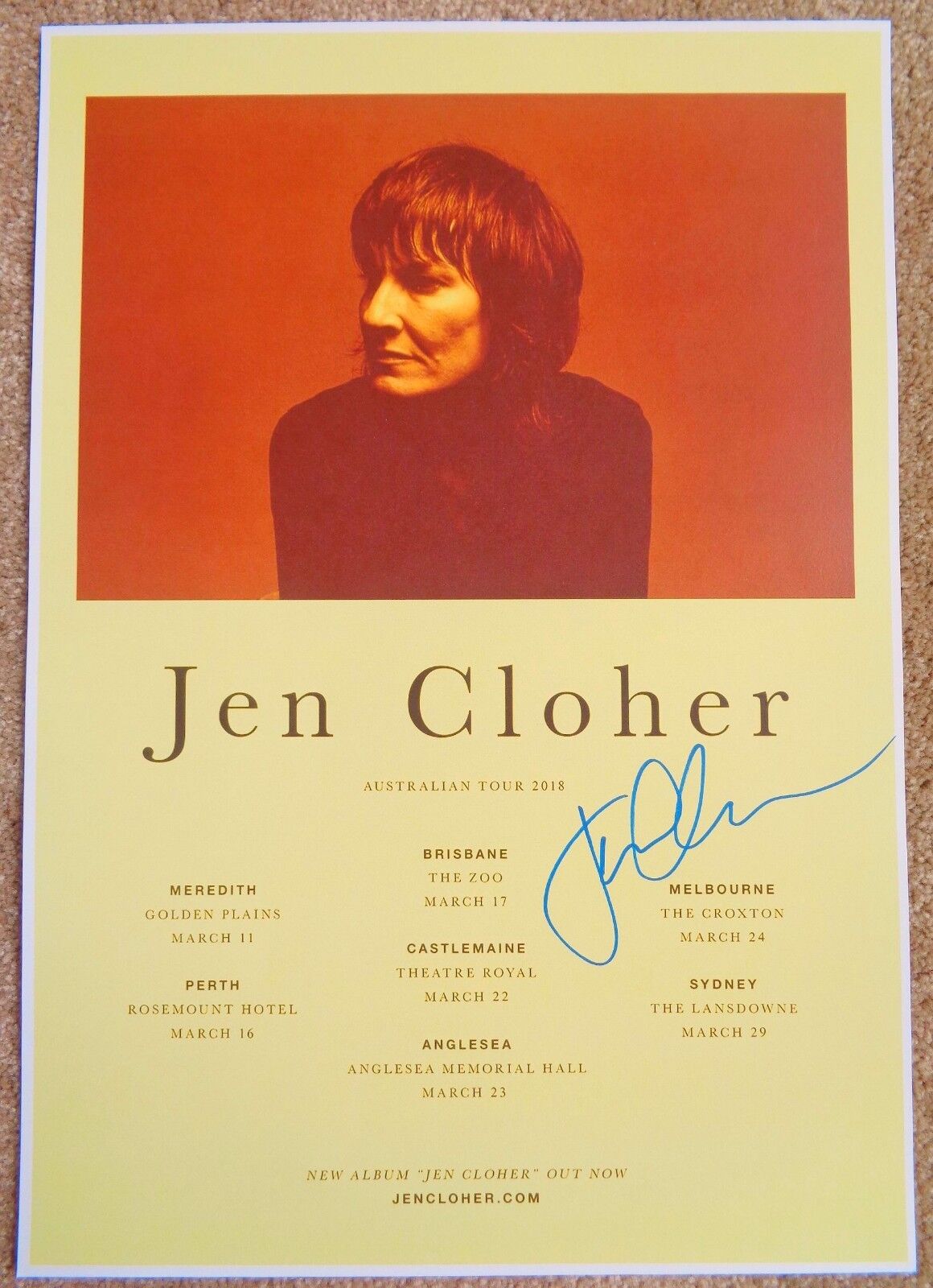 Signed JEN CLOHER Tour POSTER In-Person Autograph Gig Concert Australia 2018