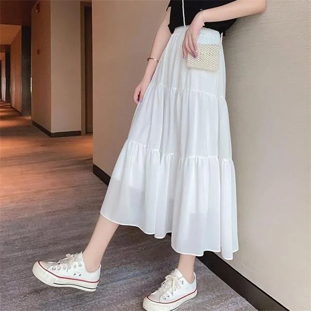Summer Women Chiffon Skirts Vintage High Waist Elastic Patchwork White Black Chic Mid Length Cake A-line Skirt for Student
