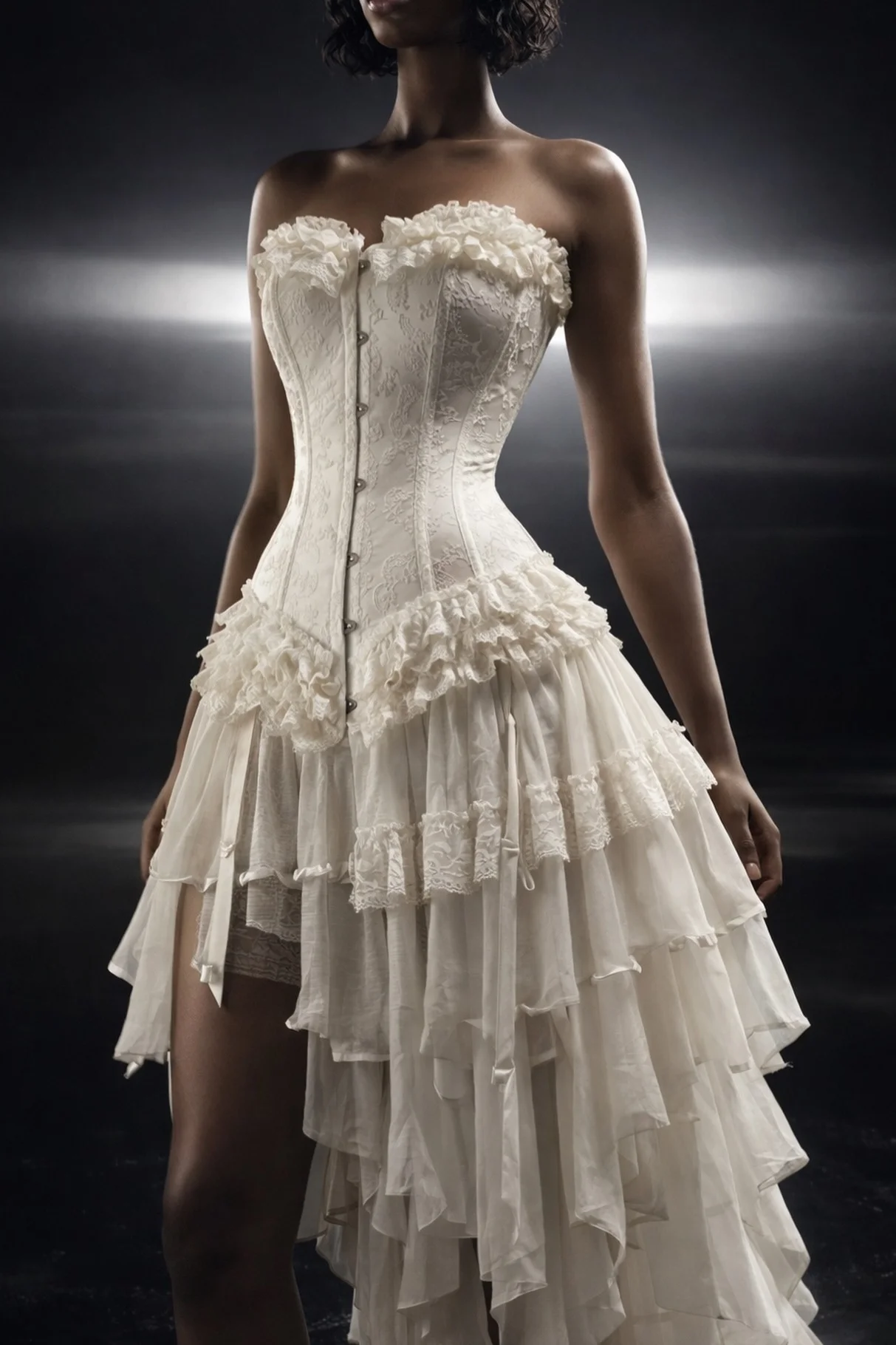 Lussooy Sweetheart White Prom Dress Hi-Lo in Chiffon with Lace and Ruffles
