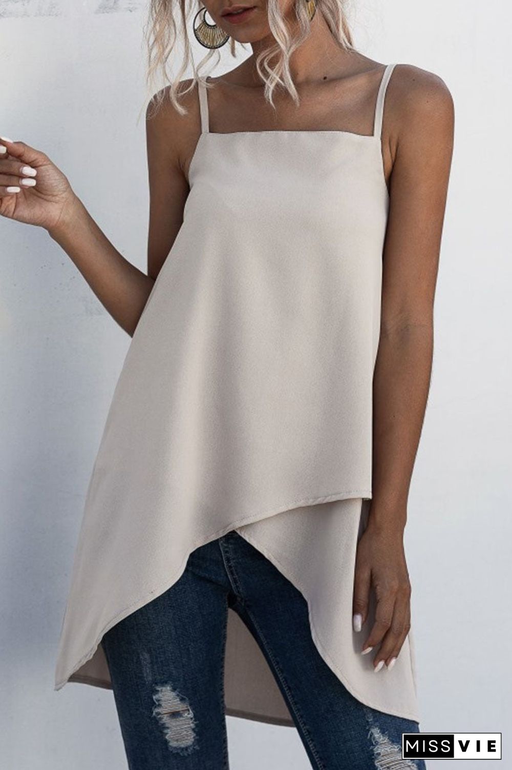 Fashion Casual Solid Split Joint Asymmetrical Spaghetti Strap Tops