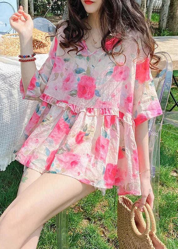 French Pink Ruffled Print Patchwork Cotton Blouses Summer