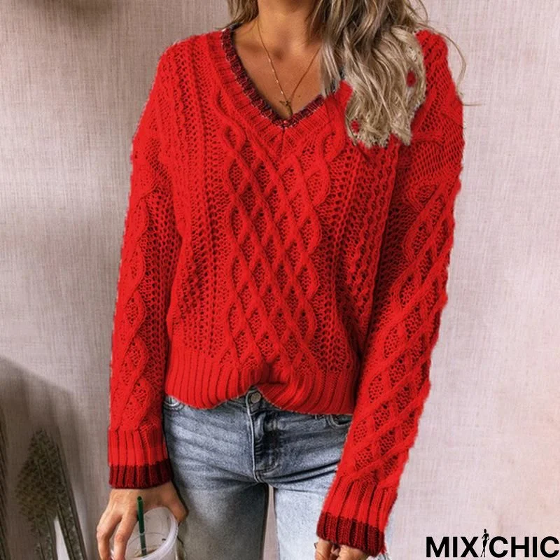 Casual Multicolor Stitched Twist V-Neck Knitted Long Sleeved Sweater