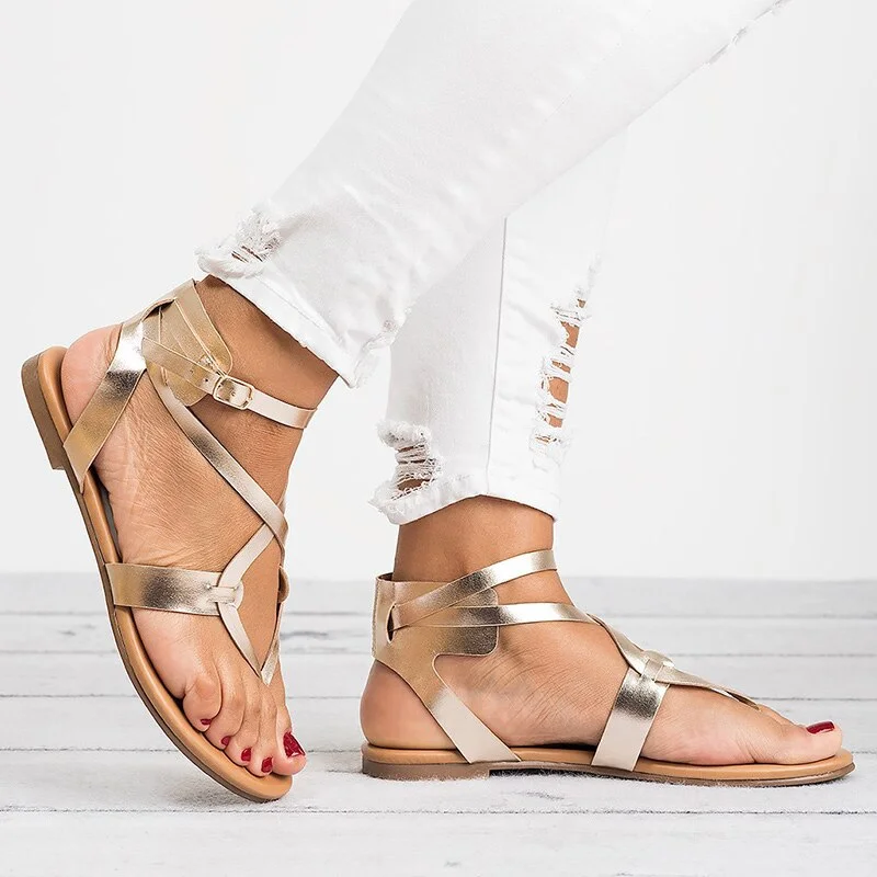 Women Sandals Soft Bottom Flat Sandals Pu Leather Summer Shoes Women Casual Gladiator Sandals Plus Size 43 Beach Shoes Female