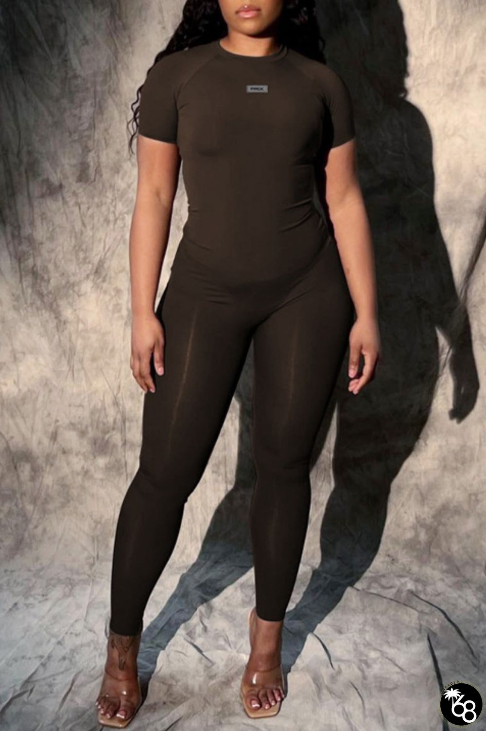 Coffee Casual Sportswear Solid Basic O Neck Short Sleeve Two Pieces | 168DEAL