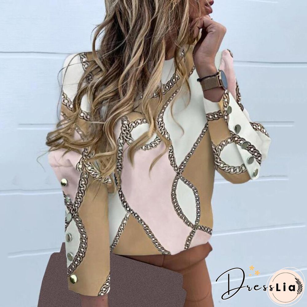 Designer Women Chiffon Blouse Long Sleeve Back Metal Buttons Shirt Ladies Autumn O Neck Casual Print Blouses Plus Size Tops