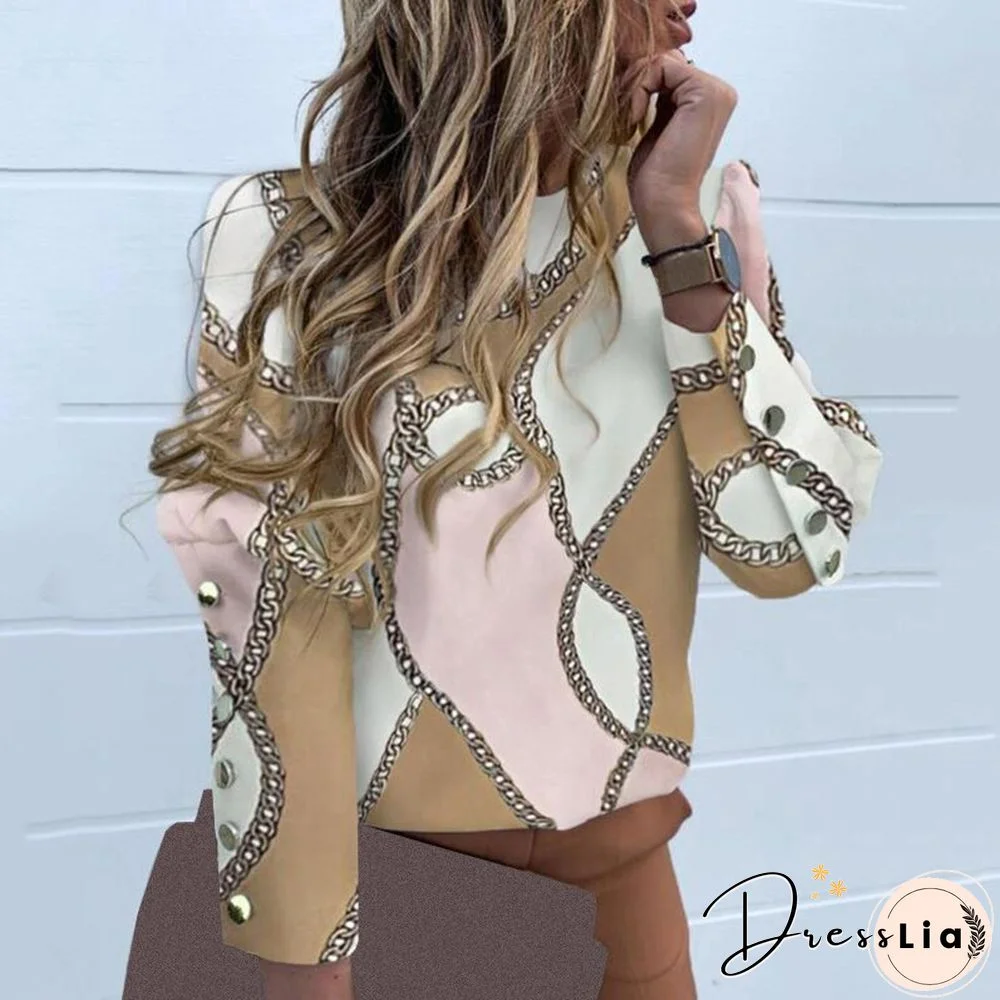 Designer Women Chiffon Blouse Long Sleeve Back Metal Buttons Shirt Ladies Autumn O Neck Casual Print Blouses Plus Size Tops