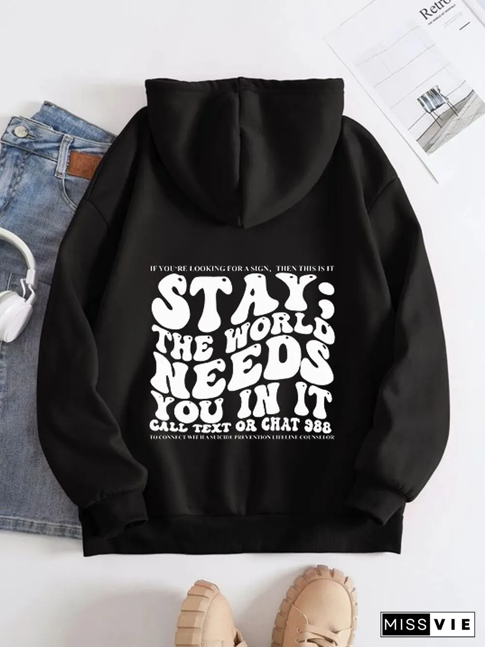 Printed Back Kangaroo Pocket Hoodie Long Sleeve for Women-Pattern Stay The World Needs
