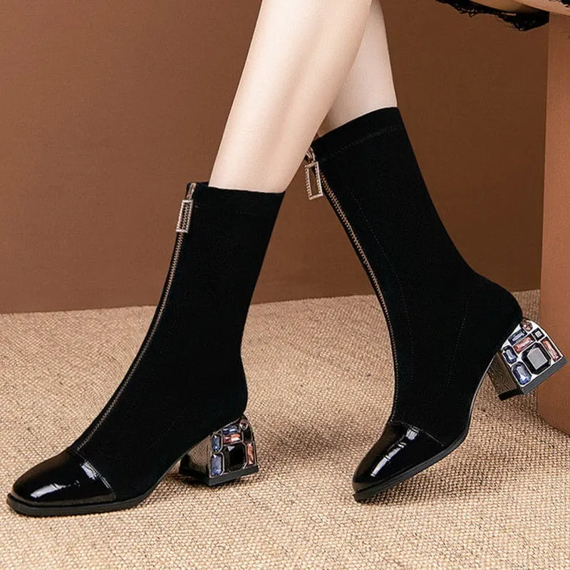 2020 Elastic Short Boots Woman Mid Calf Boots Rhinestone Heel Women Autumn Shoes Square toe Female Footware Front Zipper Black