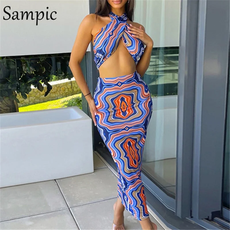 Sampic Club Halter Summer Beach Casual Tie Dye Skirt Women 2021 Sexy Tops Skinny Midi High Waisted Skirt Dress Two Piece Set