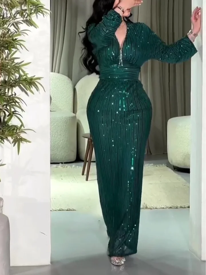 Elegant Sequined Belted Long-sleeved V-neck Sexy Sequined Long Dress