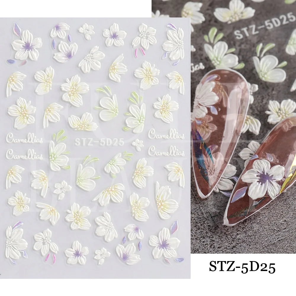 Churchf Nail Stickers Flowers Geometric Lines Decor Acrylic Embossed Sliders Gold Frame Nail Decals Cherry Blossom Manicure GLJI-5D05-Nail Inspo