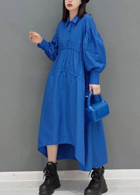 Beautiful Blue low high design Peter Pan Collar wrinkled long Dress