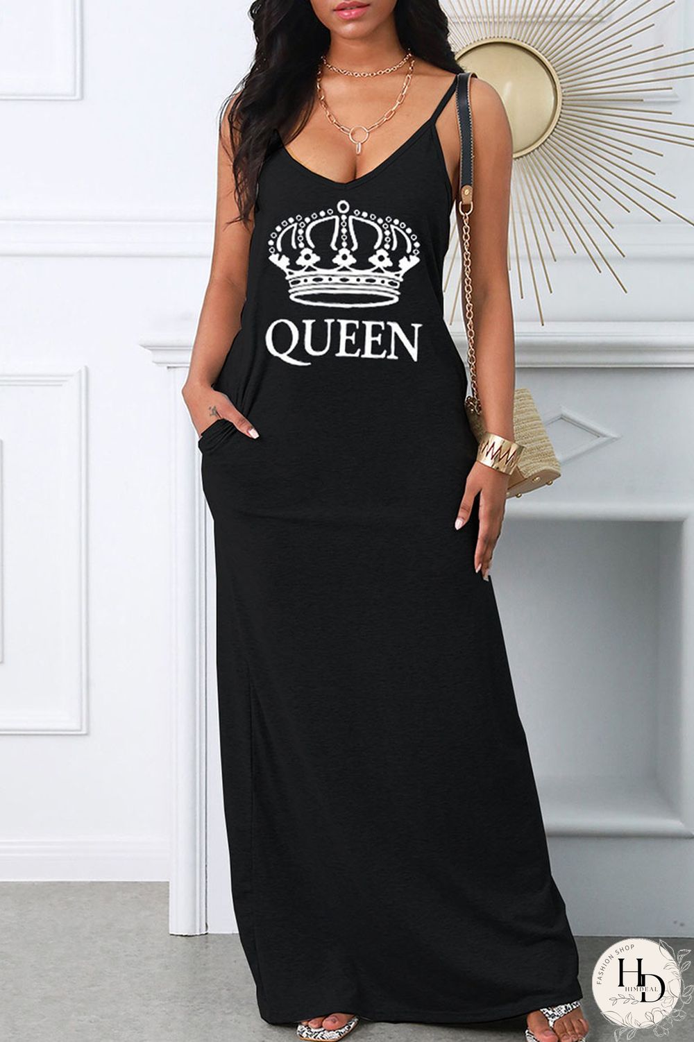 Black Casual Print Patchwork Spaghetti Strap Long Dress Dresses