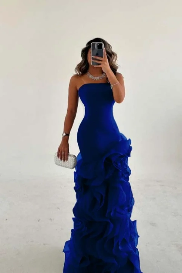  Glamorous Royal Blue Strapless Prom Dress Straight Across with Pleated - Ohprom