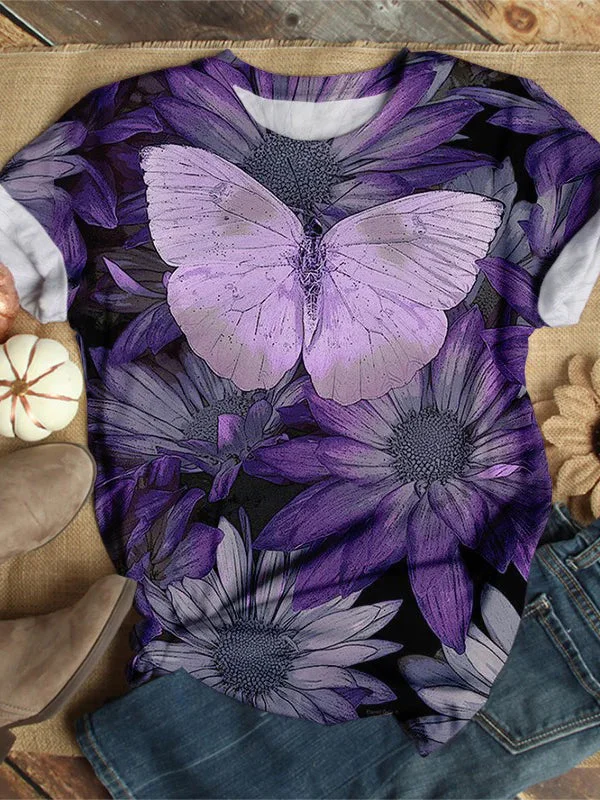 Women's Loose Butterfly Printing Short Sleeve Top