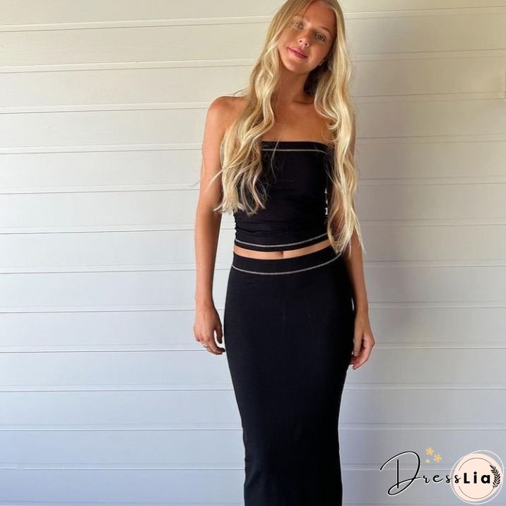 Summer Women Dress Set Strapless Crop Top And Midi Skirt Two Pieces One Suit Y2K Patchwork Beach Dress Outfit