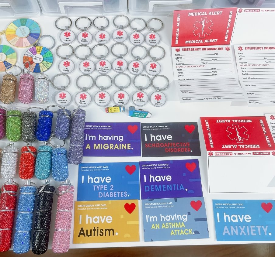 Medical & Allergy custom design self defense keychain safety kit with Medical alert cards, Medical condition cards, Meditags and MediPins