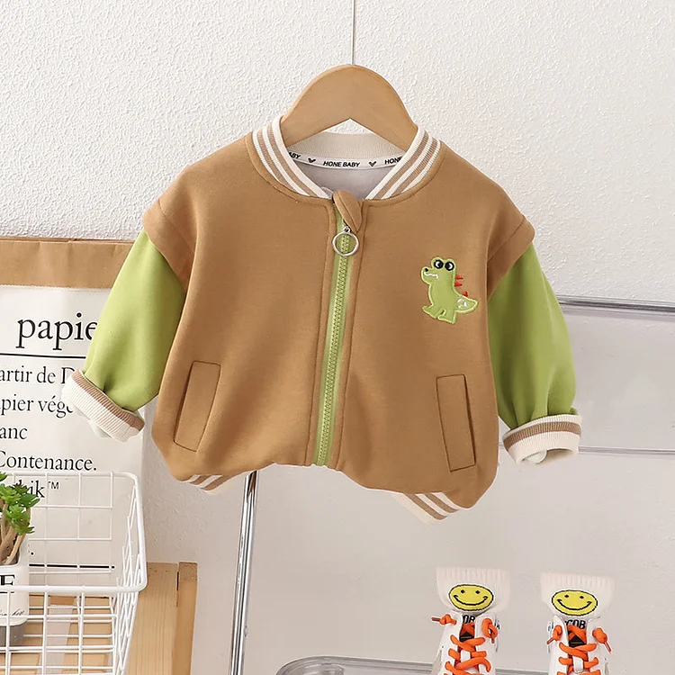 Toddler Boy Contrast Sleeves Cartoon Crocodile Cute Coat