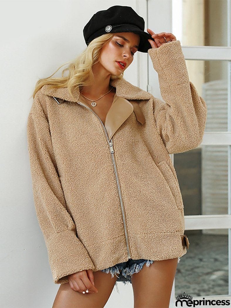Women Autumn Belts Zipper Turndown Collar Fur Jacket