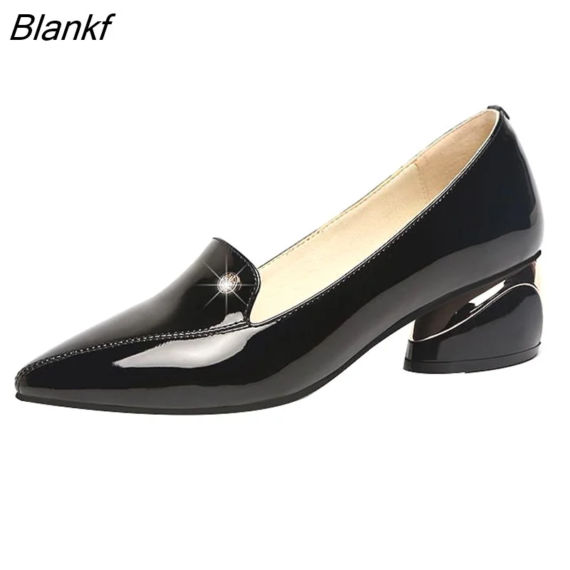 Blankf Size 34-42 Ol Office Lady Shoes Black Patent Leather Dress Shoes Pointed Toe Boat Shoes Med Heels Pumps zapatos mujer