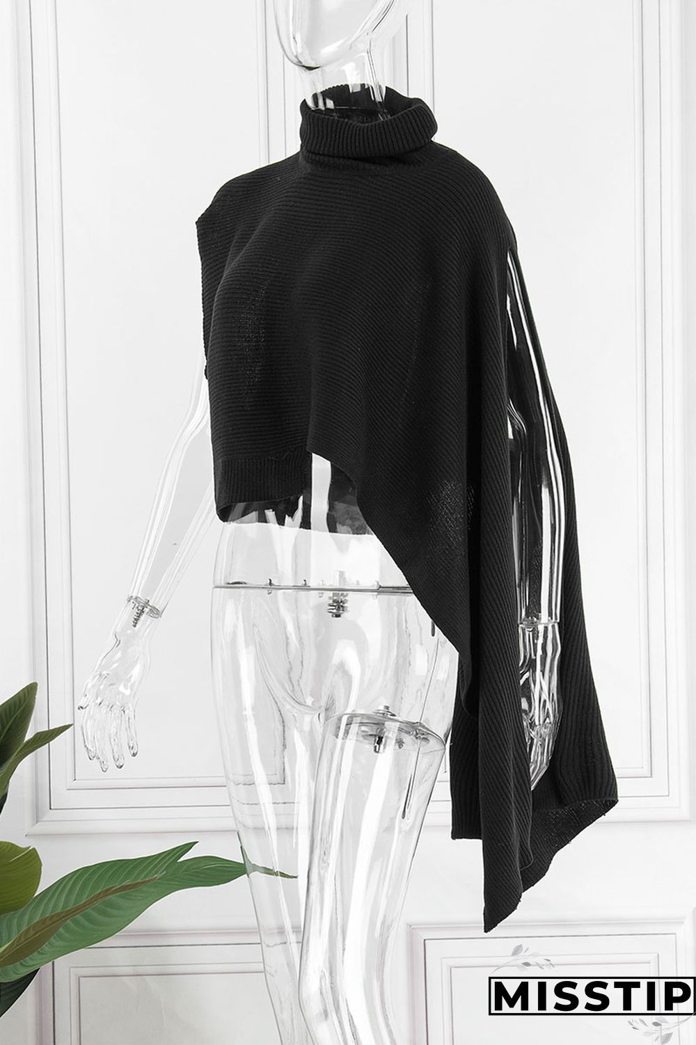 Red Street Solid Patchwork Slit Asymmetrical Turtleneck Tops