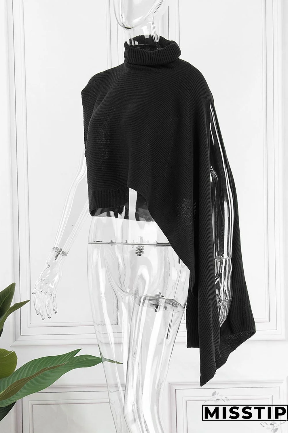 Red Street Solid Patchwork Slit Asymmetrical Turtleneck Tops