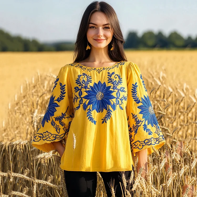 Lunivibe Women's Ukrainian Embroidery Flower Patriotic Cotton Line T-shirt