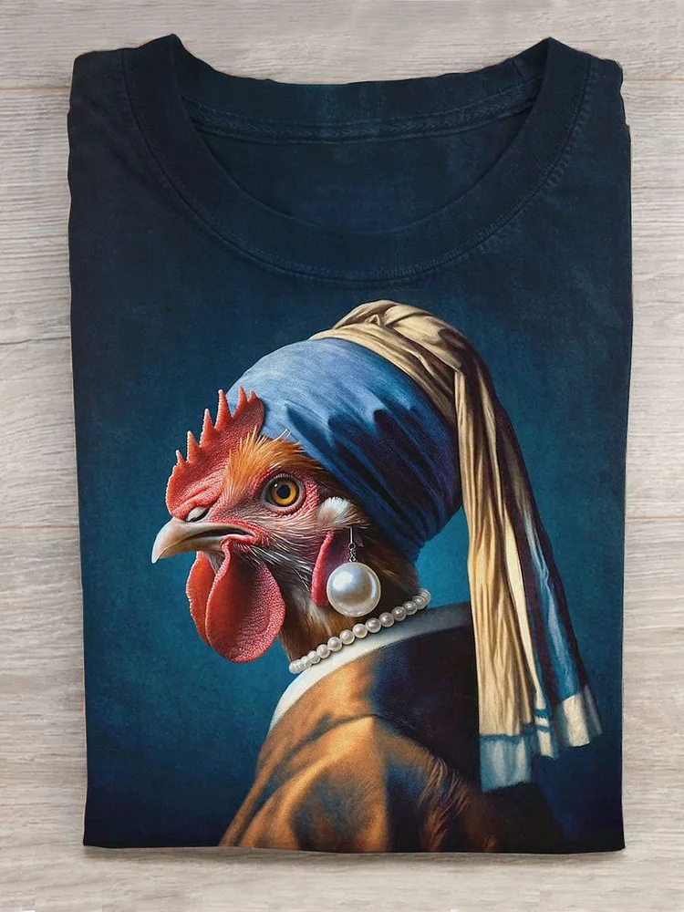Funny The World Famous Painting Girl With A Pearl Earring And Christmas Chicken Art Print Design T-shirt