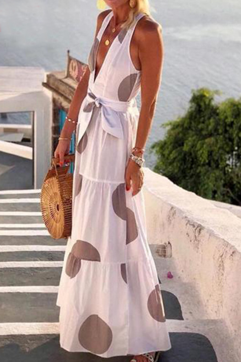 Vacation Print Stitching V Collar Sleeveless Maxi Dress