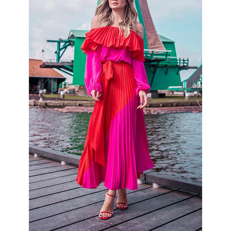 One-Line Collar Off-Shoulder Stitching Irregular Color Dress