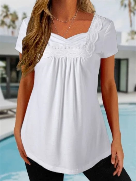 Women's White V-Neck Short Sleeve Printed Top