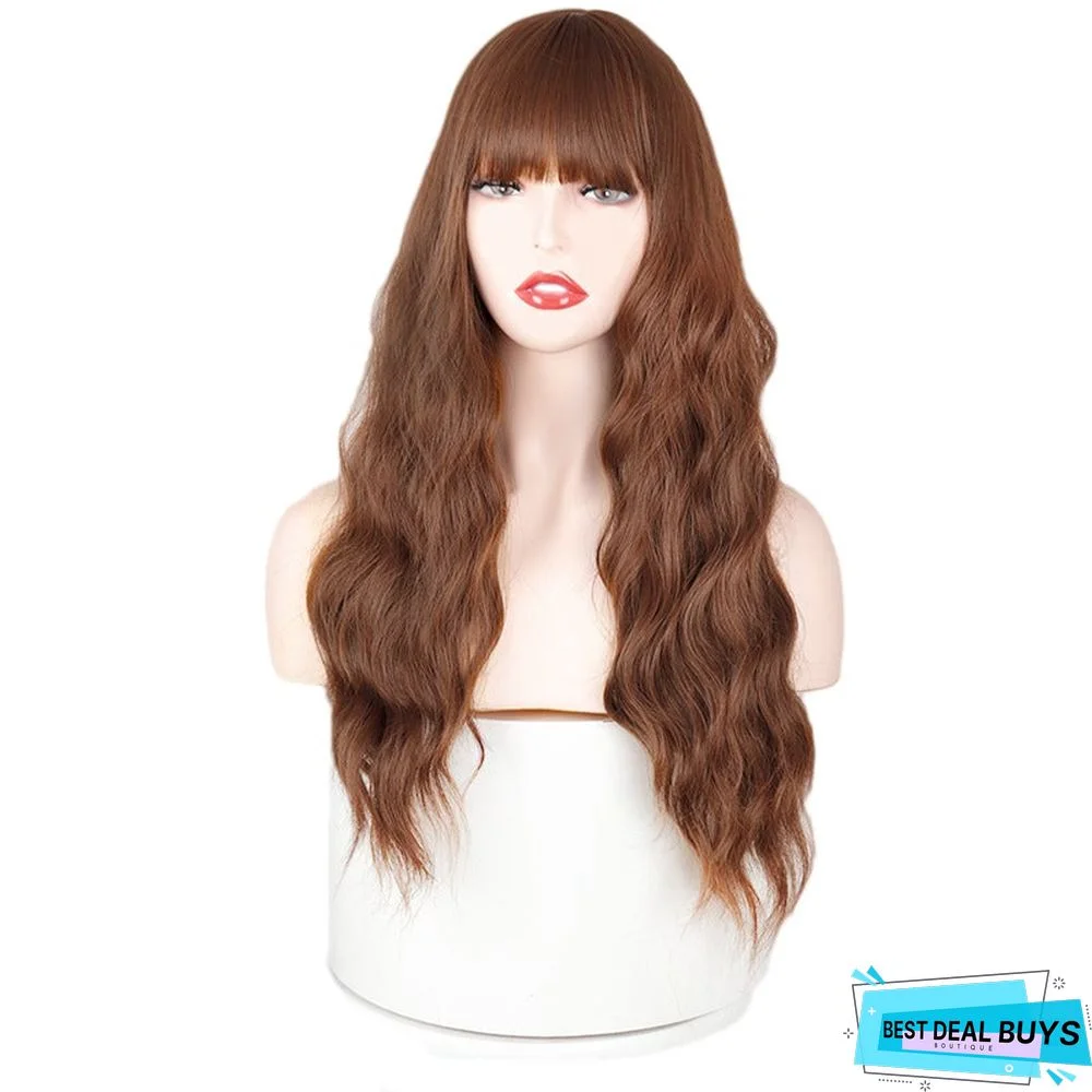 Qi Bangs Long Curly Wavy Chemical Fiber Wig Head Cover