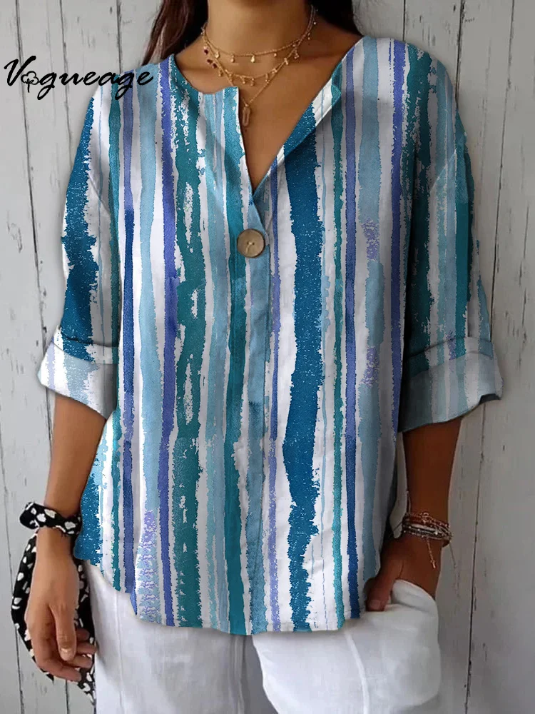 Fashionable And Simple Vertical Stripes Printed Cotton And Linen Shirt