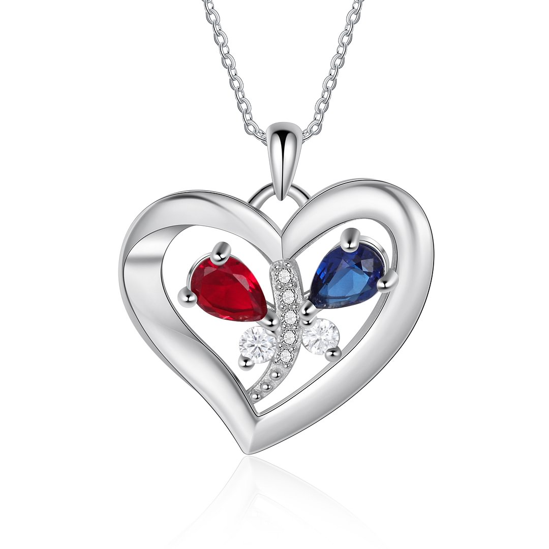 Personalized Heart Necklace with 2 Birthstones Engraved Names Gift For ...