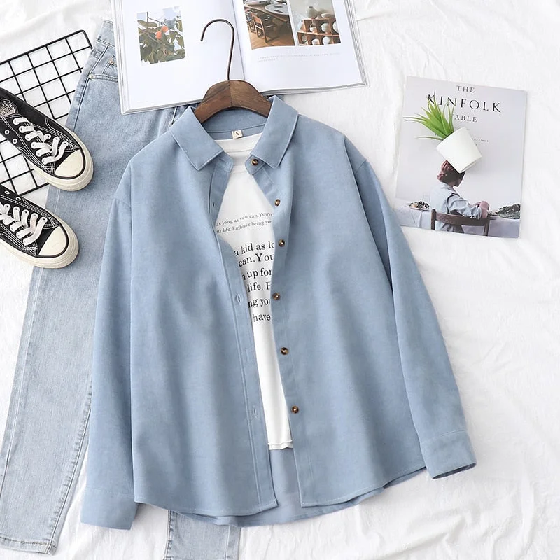 2021 New Simple Women's Shirt Long Sleeve Loose Tops Office Lady Casual Pink White Blue Long Sleeve Blouses Fashion Clothing