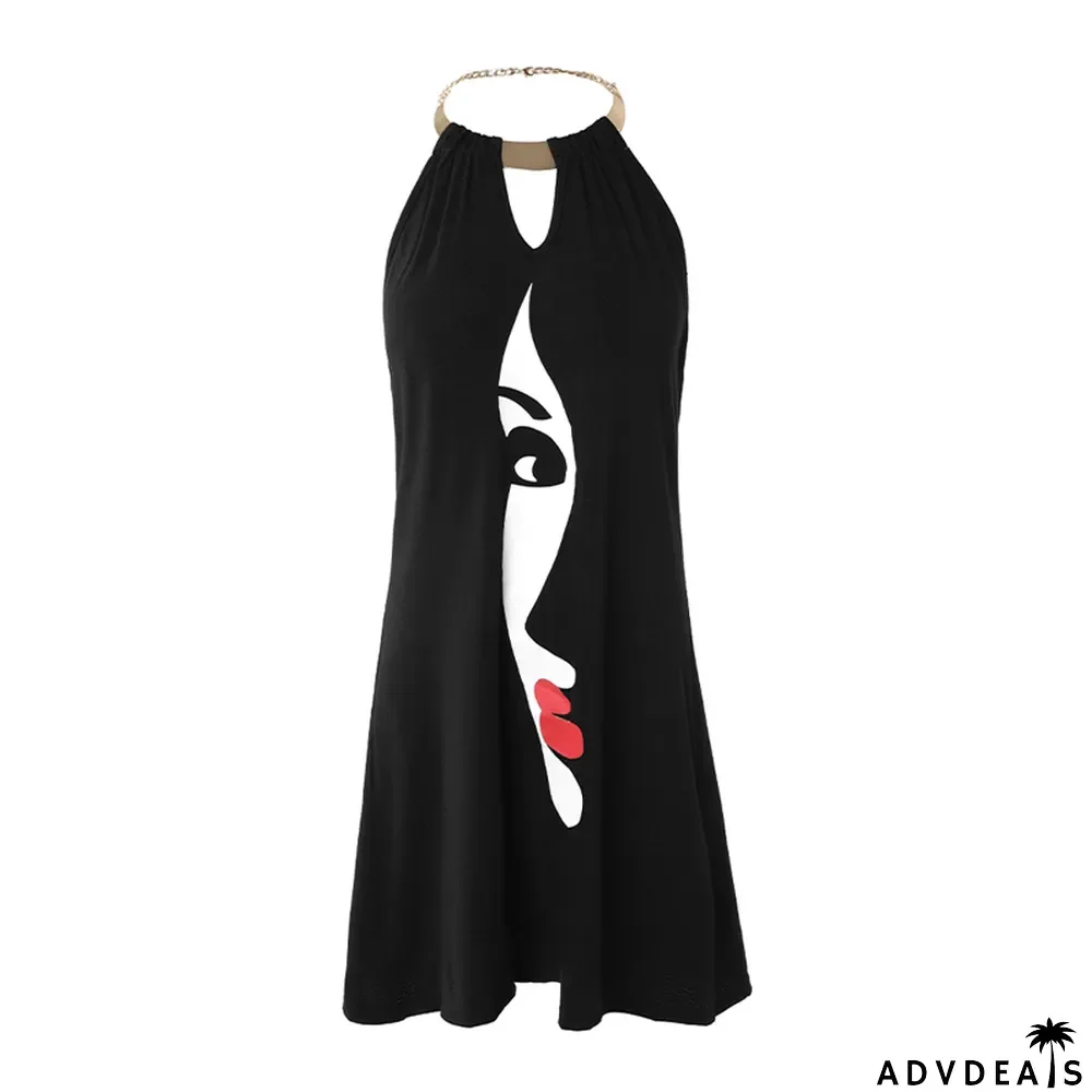 Women's Summer Black Halter Neck Positioning Print Dress