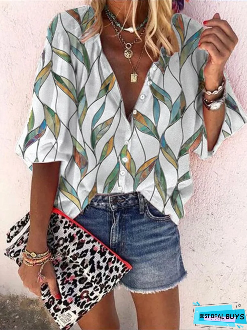 Cotton-Blend V Neck Printed Casual Top