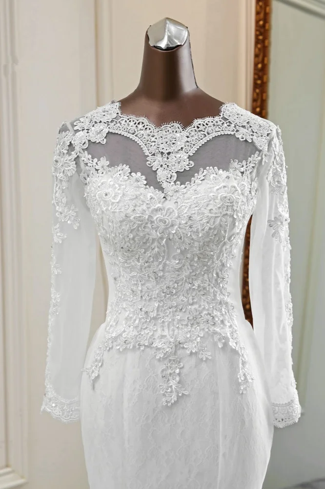 Daisda Elegant Jewel Long Sleeves Mermaid Wedding Dress With Tulle