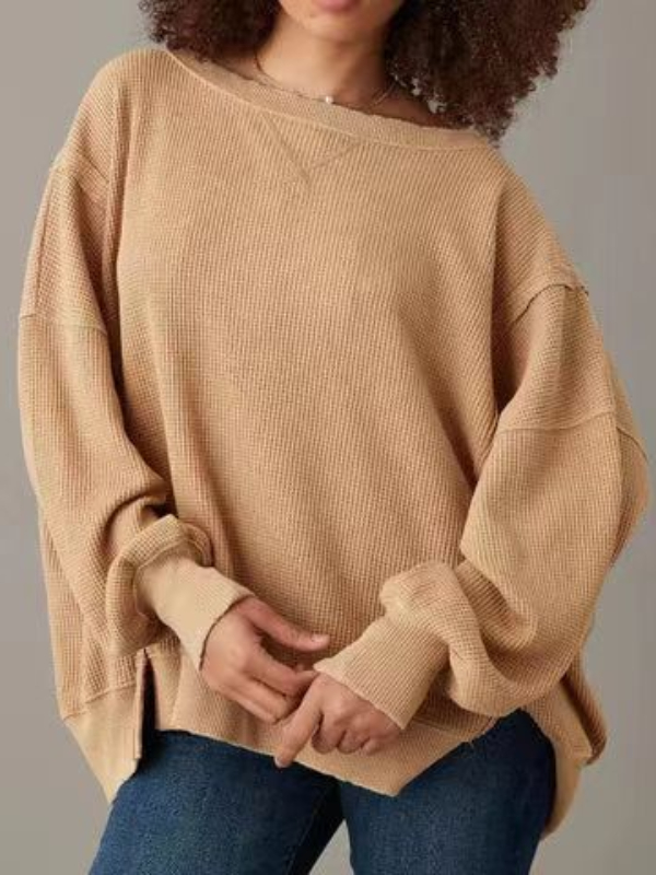 Color Block Mix Texture Waffle Patchwork Oversize Sweatshirt